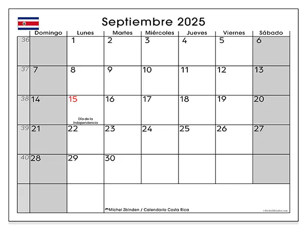 Calendario de Costa Rica para imprimir gratis, septiembre 2025. Semana:  De domingo a sábado