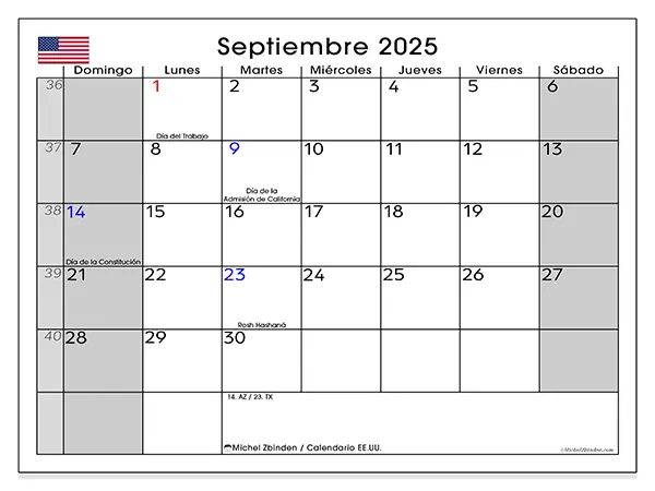 Calendario de Estados Unidos para imprimir gratis, septiembre 2025. Semana:  De domingo a sábado