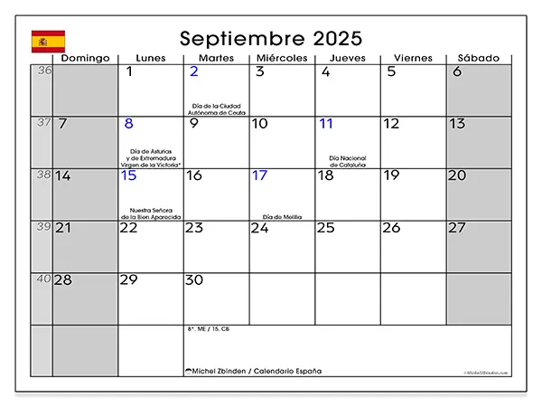 Calendario de España para imprimir gratis, septiembre 2025. Semana:  De domingo a sábado