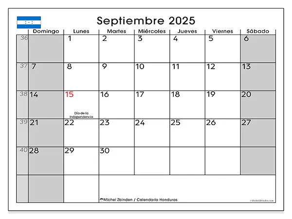 Calendario de Honduras para imprimir gratis, septiembre 2025. Semana:  De domingo a sábado