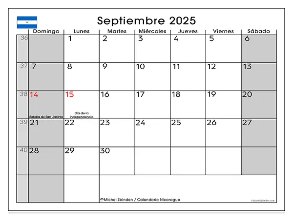 Calendario de Nicaragua para imprimir gratis, septiembre 2025. Semana:  De domingo a sábado