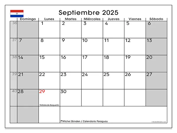 Calendario de Paraguay para imprimir gratis, septiembre 2025. Semana:  De domingo a sábado