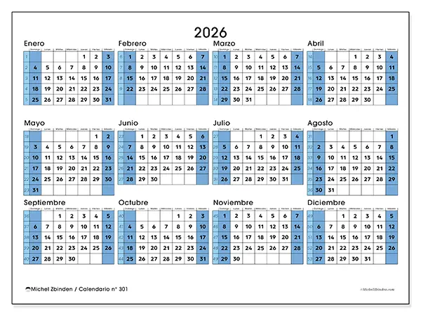 Calendario 2026 N 301 Acero Azul Michel Zbinden ES
