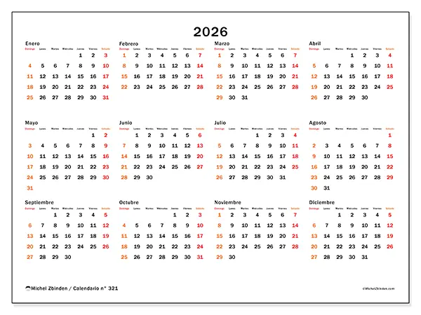 Calendario anual 2026 para imprimir - Fin de semana destacado - Semana: domingo a sábado