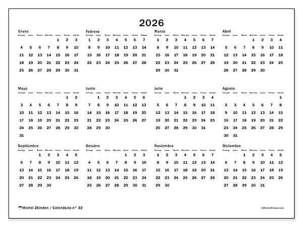 Calendario anual 2026 para imprimir - Organización general - Semana: domingo a sábado