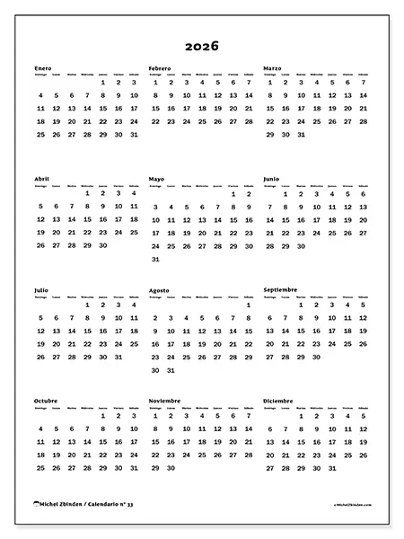 Calendario anual 2026 para imprimir - Vista general - Semana: domingo a sábado