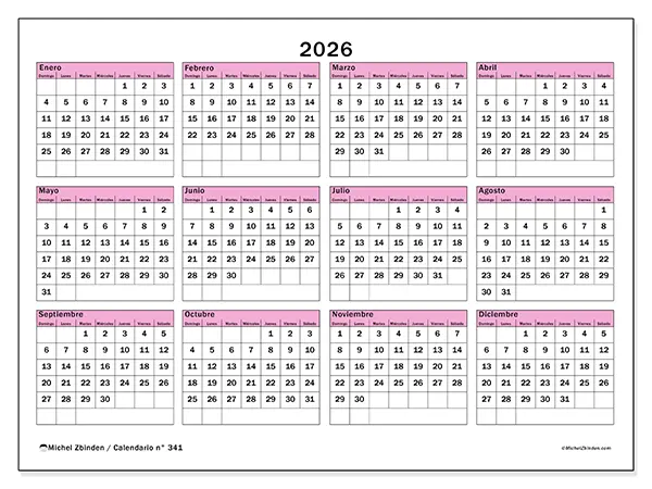 Calendario anual 2026 para imprimir - Planificación y previsión - Semana: domingo a sábado