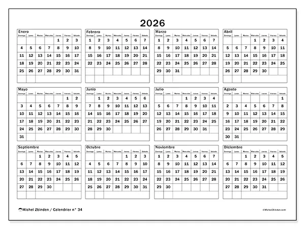 Calendario anual 2026 para imprimir - Vacaciones y ocio - Semana: domingo a sábado