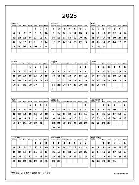 Calendario anual 2026 para imprimir - Fiestas familiares - Semana: domingo a sábado