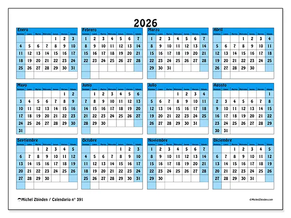 Calendario anual 2026 para imprimir - Organización en color - Semana: domingo a sábado