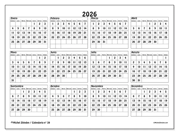 Calendario anual 2026 para imprimir - Escuela y estudios - Semana: domingo a sábado