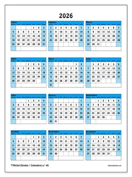 Calendario anual 2026 para imprimir - Organización colorida - Semana: domingo a sábado