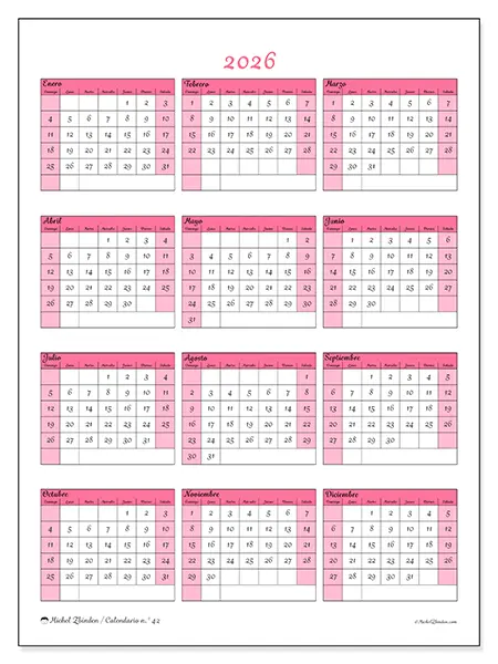 Calendario anual 2026 para imprimir - Dulzura y encanto - Semana: domingo a sábado