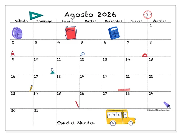 Calendario de agosto de 2026 para imprimir - Vuelta a clases - Semana: de domingo a sábado
