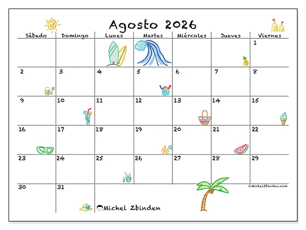 Calendario de agosto de 2026 para imprimir - Vacaciones soleadas - Semana: de domingo a sábado