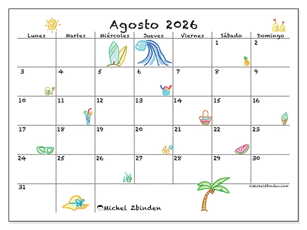 Calendario de agosto de 2026 para imprimir - Vacaciones soleadas