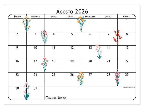 Calendario de agosto de 2026 para imprimir - Flores de agosto - Semana: de domingo a sábado