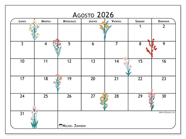 Calendario de agosto de 2026 para imprimir - Flores de agosto