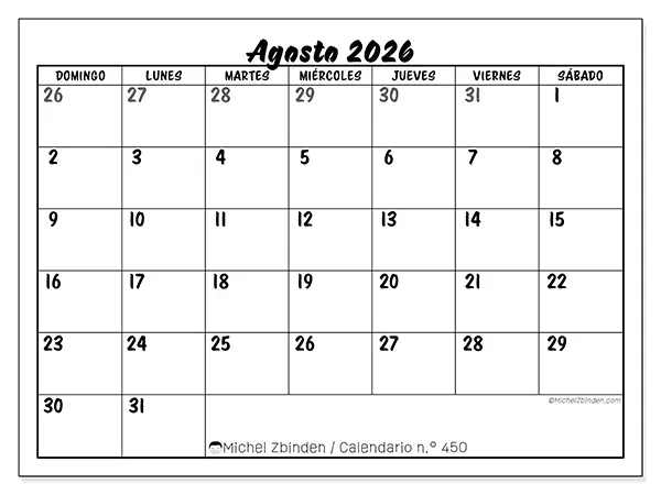Calendario de agosto de 2026 para imprimir - Organización detallada - Semana: de domingo a sábado