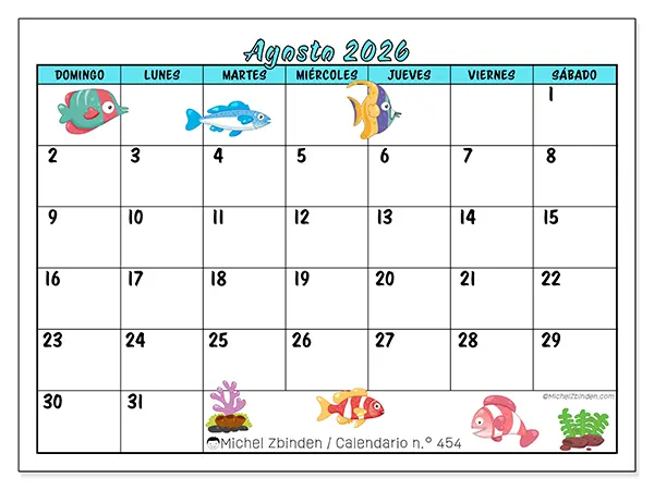 Calendario de agosto de 2026 para imprimir - Peces coloridos - Semana: de domingo a sábado