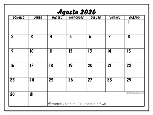 Calendario de agosto de 2026 para imprimir - Éxito escolar - Semana: de domingo a sábado