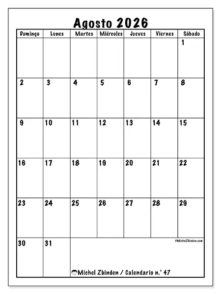 Calendario de agosto de 2026 para imprimir - Planificación eficiente - Semana: de domingo a sábado