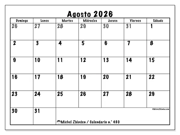 Calendario de agosto de 2026 para imprimir - Planificación completa - Semana: de domingo a sábado