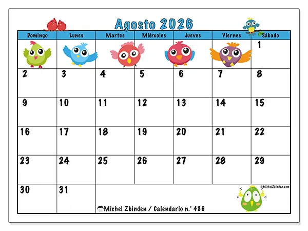 Calendario de agosto de 2026 para imprimir - Pájaros divertidos - Semana: de domingo a sábado