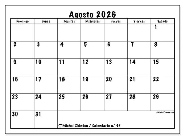 Calendario de agosto de 2026 para imprimir - Eficiencia diaria - Semana: de domingo a sábado