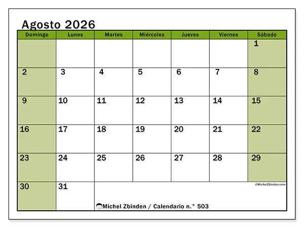 Calendario de agosto de 2026 para imprimir - Organización viva - Semana: de domingo a sábado