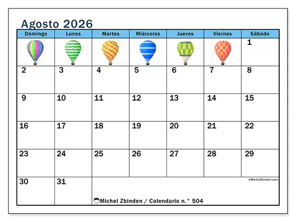 Calendario de agosto de 2026 para imprimir - Globos aerostáticos - Semana: de domingo a sábado