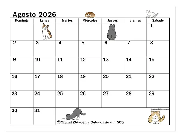 Calendario de agosto de 2026 para imprimir - Vida de gato - Semana: de domingo a sábado