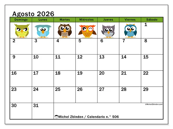 Calendario de agosto de 2026 para imprimir - Búhos divertidos - Semana: de domingo a sábado