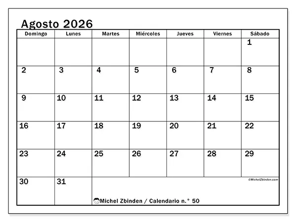Calendario de agosto de 2026 para imprimir - Planificación óptima - Semana: de domingo a sábado
