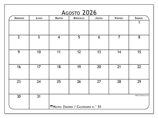 Calendario de agosto de 2026 para imprimir - Planificador de comidas - Semana: de domingo a sábado