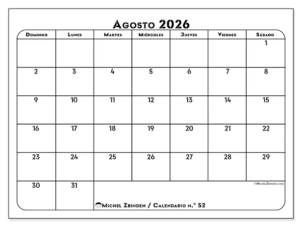 Calendario de agosto de 2026 para imprimir - Organización profesional - Semana: de domingo a sábado