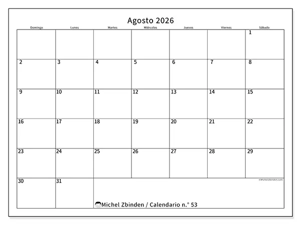 Calendario de agosto de 2026 para imprimir - Horario eficiente - Semana: de domingo a sábado