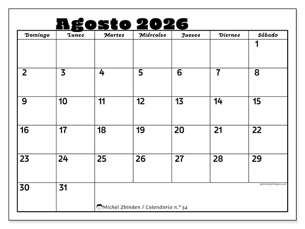 Calendario de agosto de 2026 para imprimir - Actividades en familia - Semana: de domingo a sábado