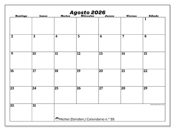 Calendario de agosto de 2026 para imprimir - Organización del ocio - Semana: de domingo a sábado