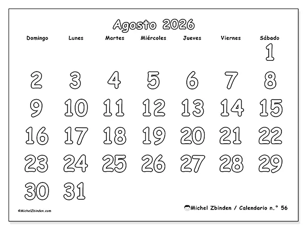 Calendario de agosto de 2026 para imprimir - Colorear útil - Semana: de domingo a sábado
