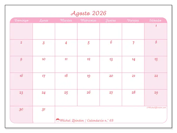 Calendario de agosto de 2026 para imprimir - Organización en suavidad - Semana: de domingo a sábado