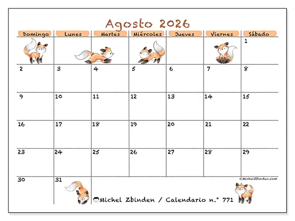 Calendario de agosto de 2026 para imprimir - Dibujos de zorros - Semana: de domingo a sábado