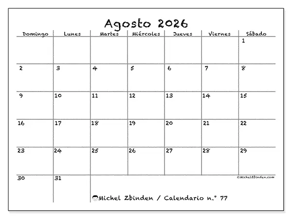 Calendario de agosto de 2026 para imprimir - Escuela y familia - Semana: de domingo a sábado