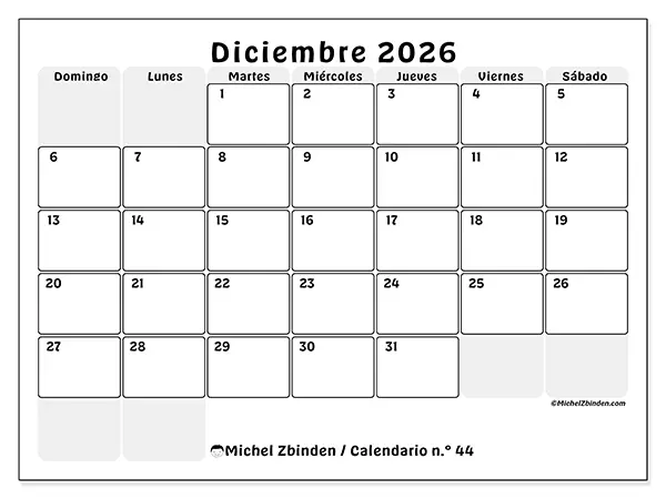 Calendario de diciembre de 2026 para imprimir - Planificación estructurada - Semana: de domingo a sábado