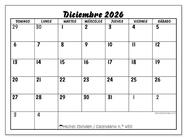 Calendario de diciembre de 2026 para imprimir - Organización detallada - Semana: de domingo a sábado
