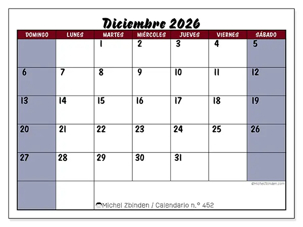 Calendario de diciembre de 2026 para imprimir - Productividad en color - Semana: de domingo a sábado