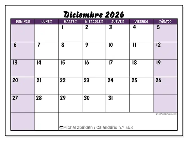 Calendario de diciembre de 2026 para imprimir - Eficiencia colorida - Semana: de domingo a sábado