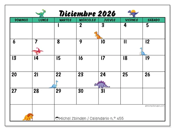 Calendario de diciembre de 2026 para imprimir - Pequeños dinosaurios - Semana: de domingo a sábado