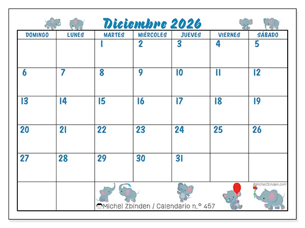 Calendario de diciembre de 2026 para imprimir - Pequeños elefantes - Semana: de domingo a sábado