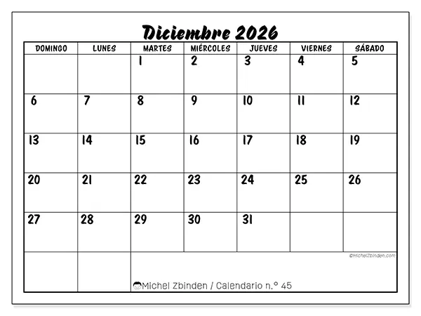Calendario de diciembre de 2026 para imprimir - Éxito escolar - Semana: de domingo a sábado